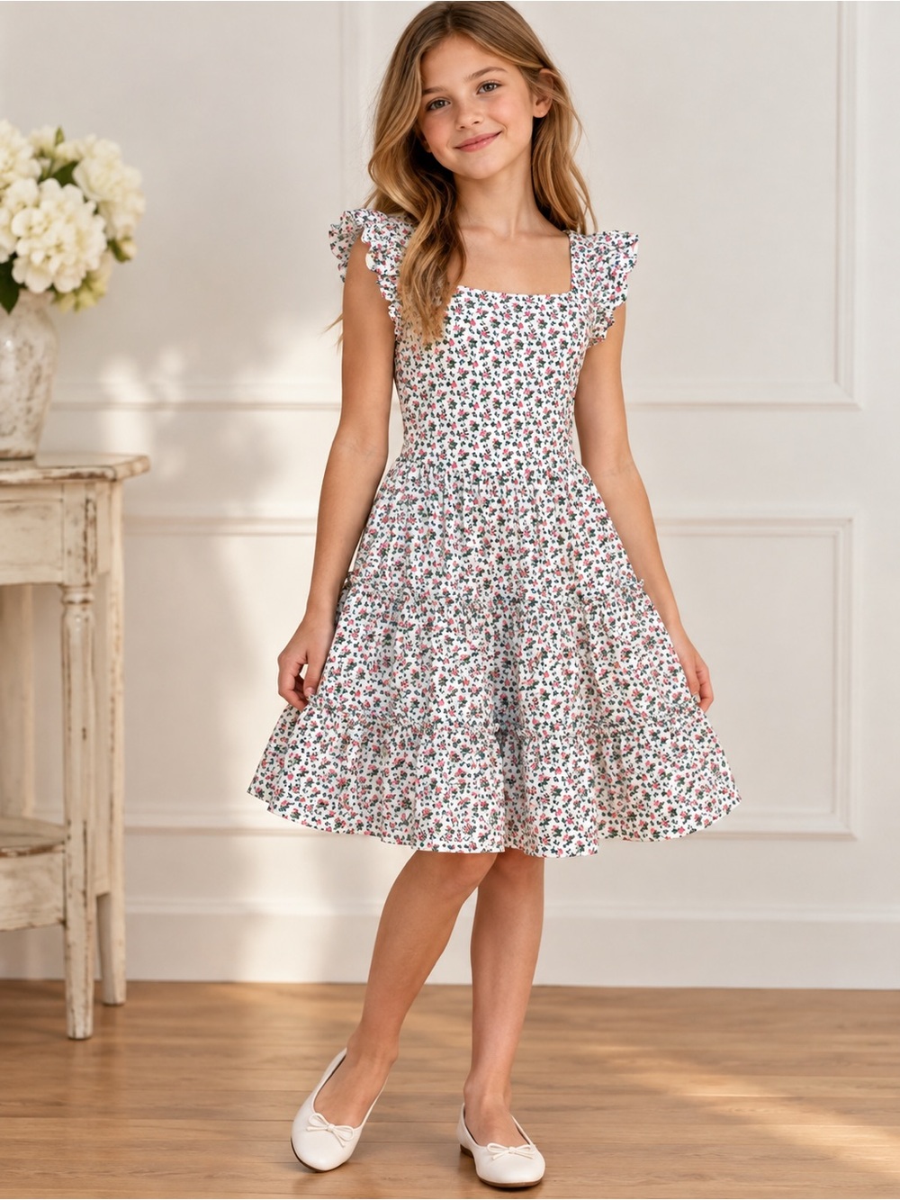 Ralph Lauren White Floral Tiered Sundress with Pink and Green Accents